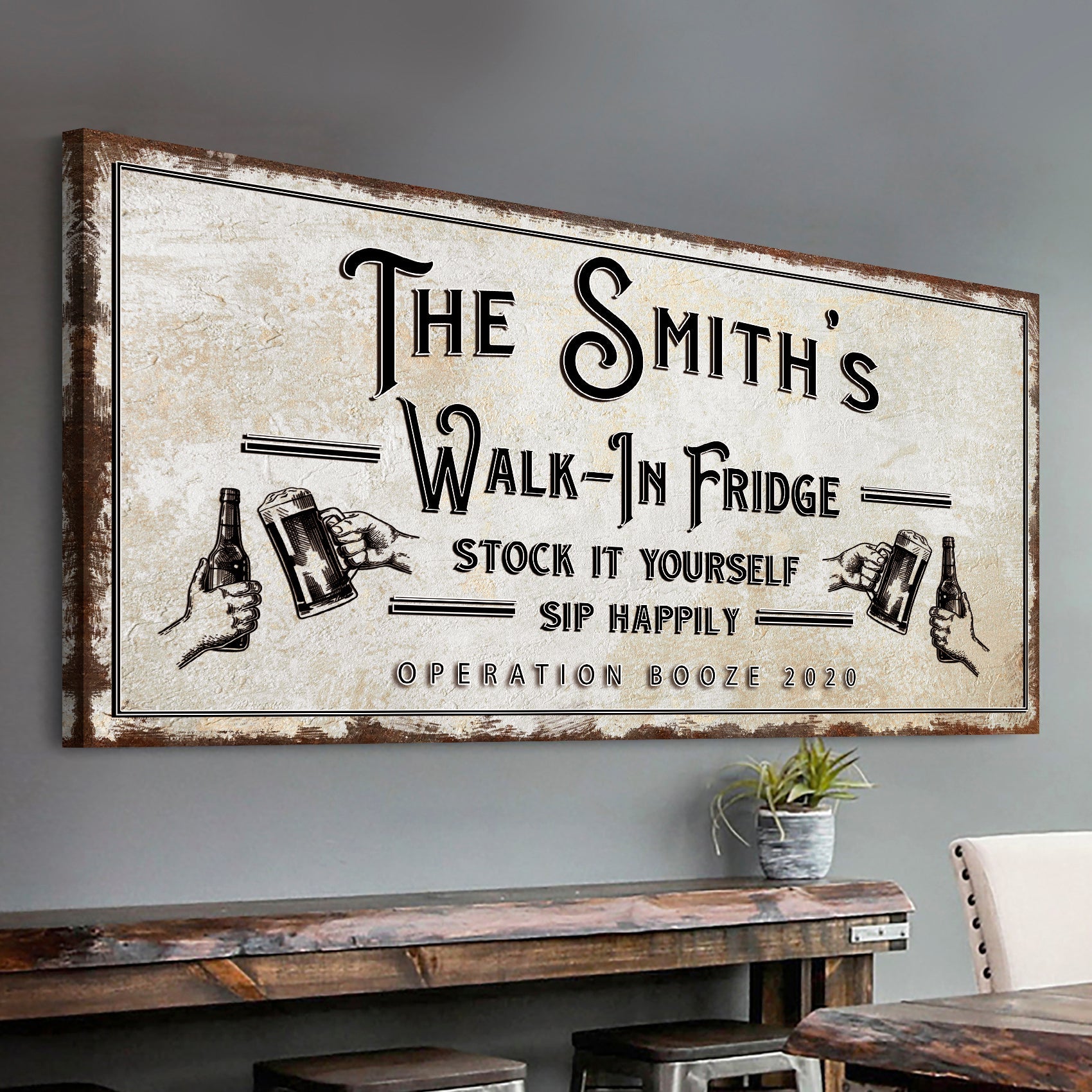 Walk-in fridge stock it yourself bar sign canvas, rustic home bar wall art