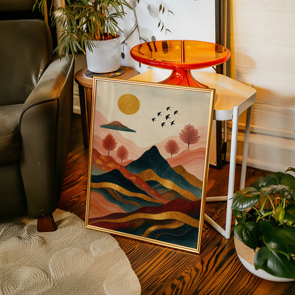 Golden Sun Over Mountains Vibrant Landscape Print