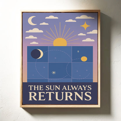 Celestial sun and moon wall art print in lavender, deep blue, and gold tones