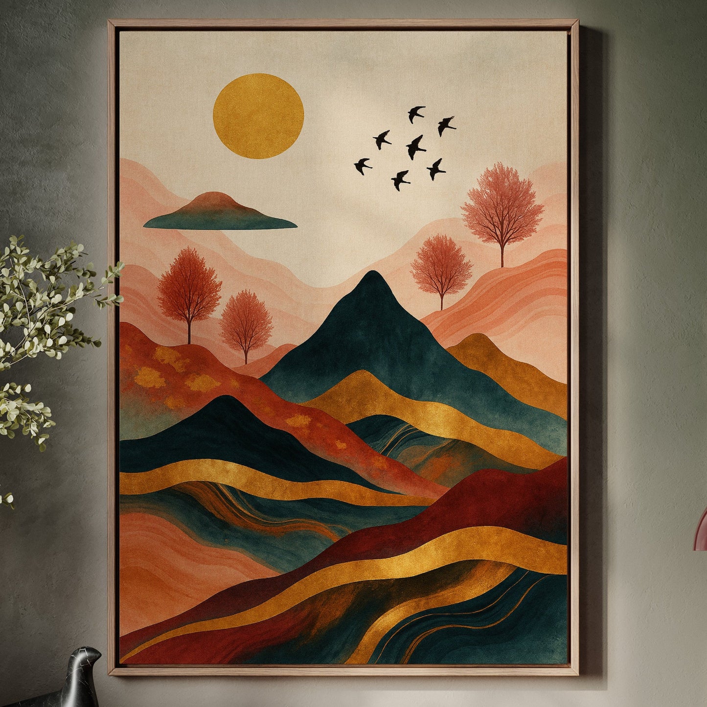 Golden sun over rolling mountains vibrant landscape print
