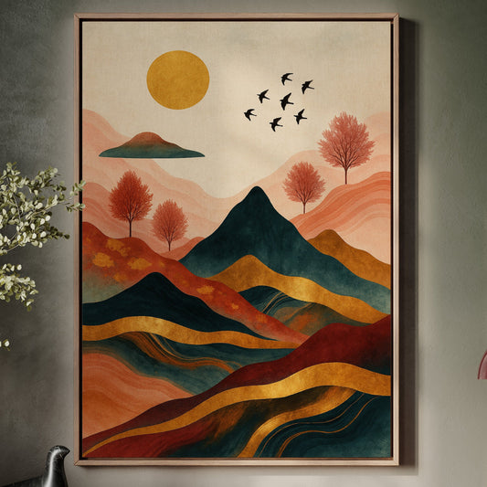 Golden sun over rolling mountains vibrant landscape print