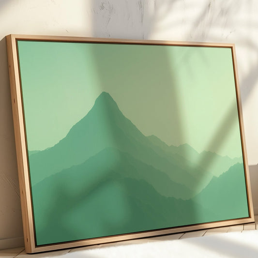 Enchanted green mountain dreamscape giclee wall art print with misty peaks