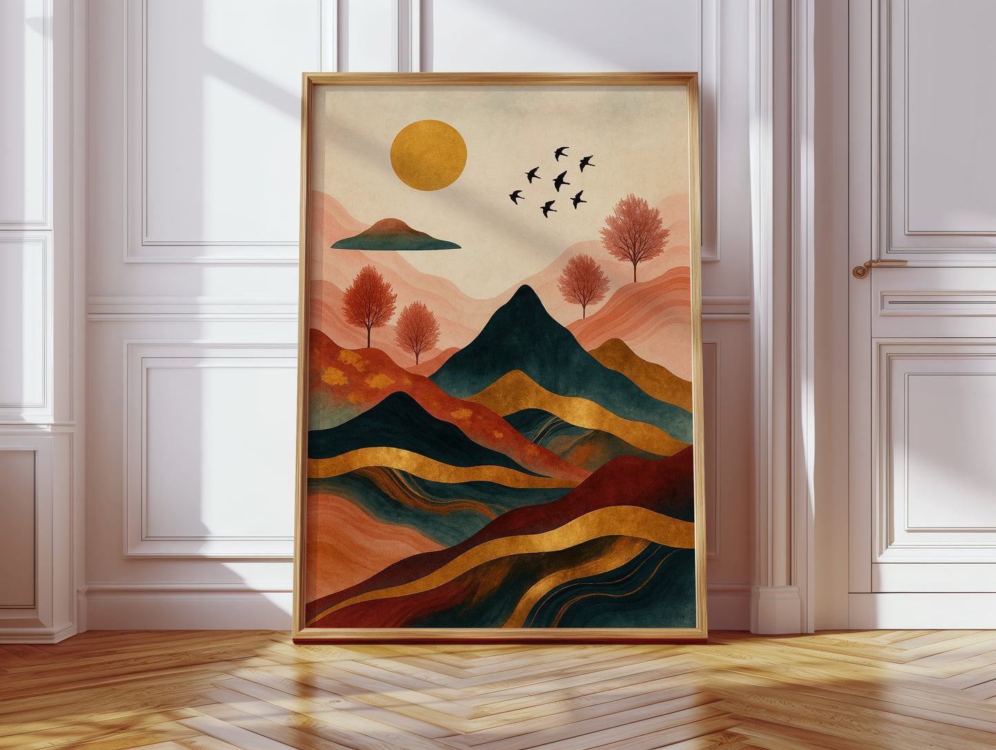 Golden Sun Over Mountains Vibrant Landscape Print