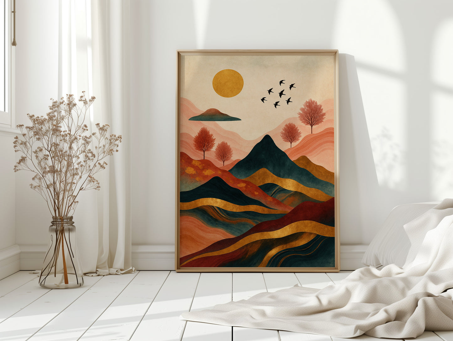 Golden Sun Over Mountains Vibrant Landscape Print