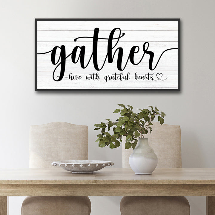 Dark background Gather canvas wall art sign for modern farmhouse and transitional decor