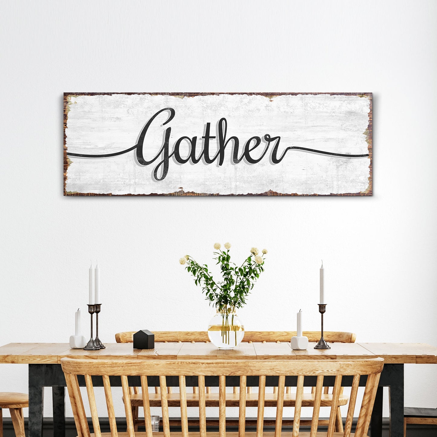 Vertical Gather wall art sign on canvas for entryways and narrow dining room walls