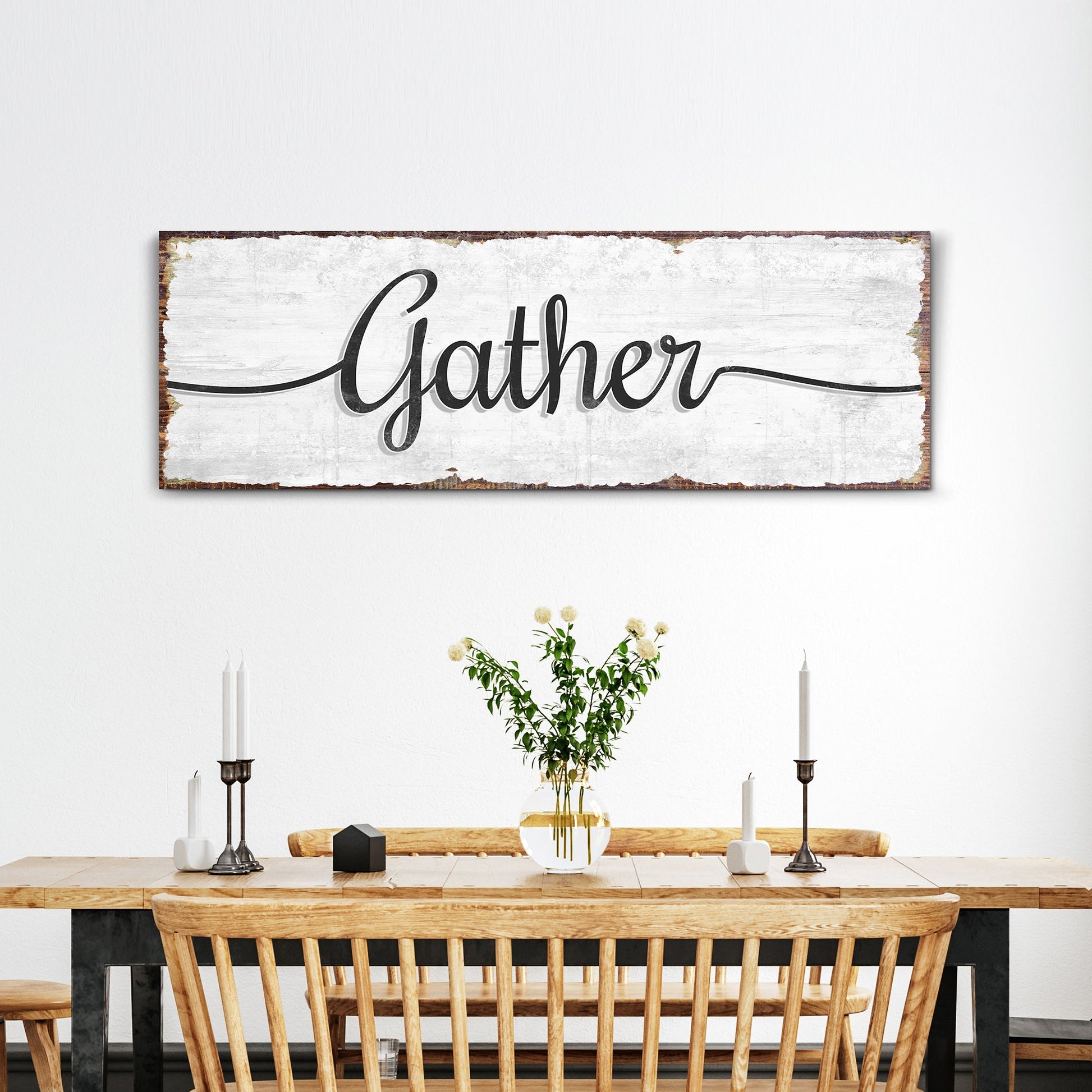 Vertical Gather wall art sign on canvas for entryways and narrow dining room walls