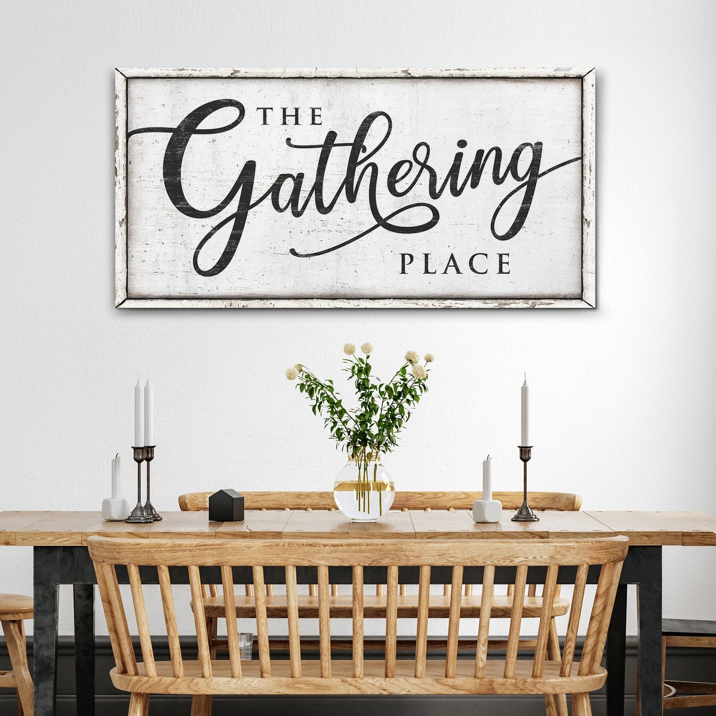 The Gathering Place canvas wall art sign with warm farmhouse lettering, gallery-wrapped, ready to hang