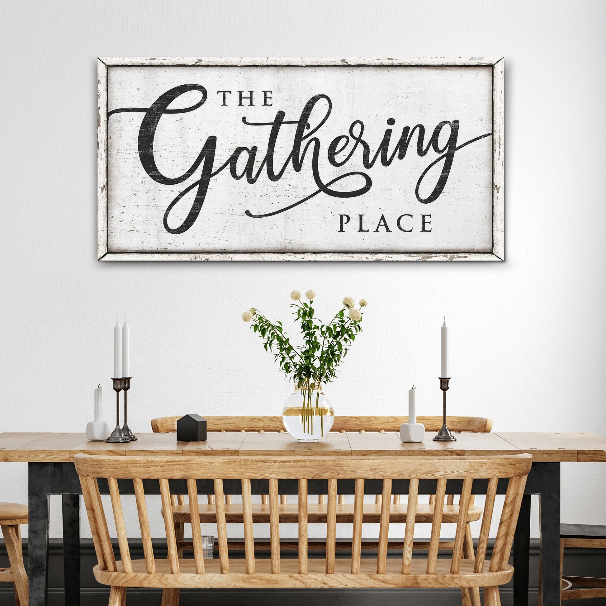 The Gathering Place canvas wall art sign with warm farmhouse lettering, gallery-wrapped, ready to hang