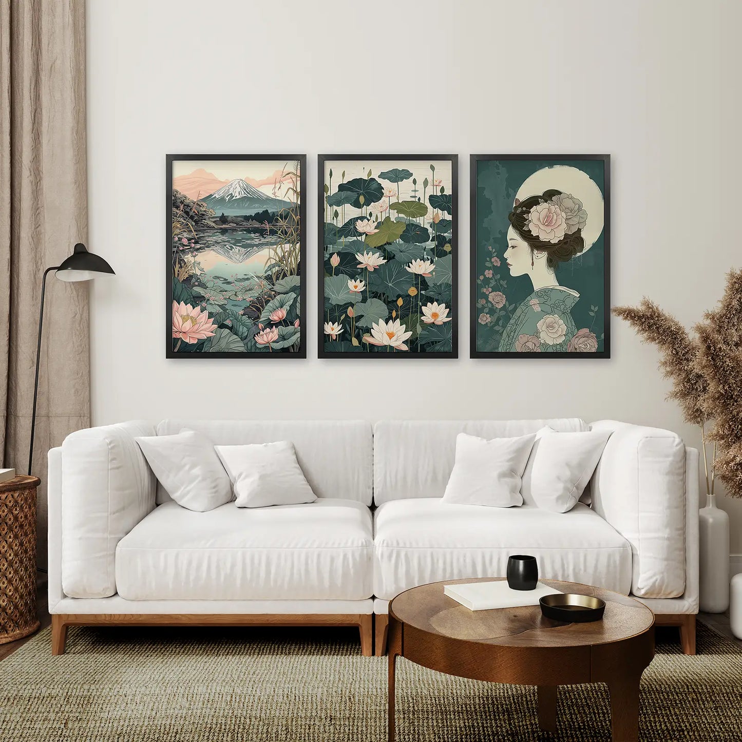 Japanese Nature Wall Art, Geisha and Mount Fuji Set of 3