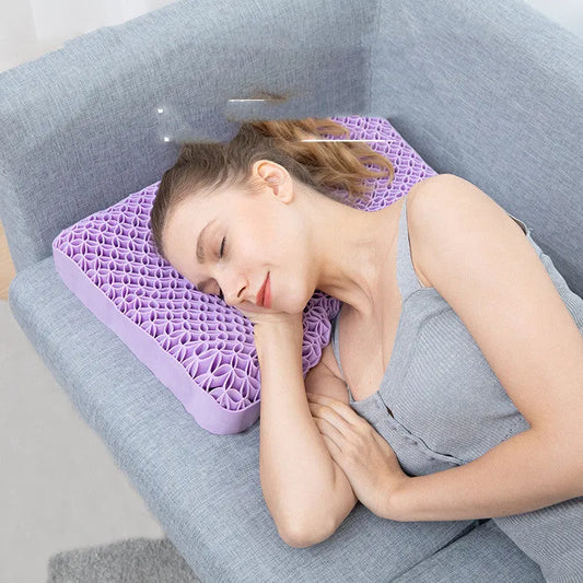Gel cold pillow supporting side sleeper on sofa with breathable honeycomb structure in purple