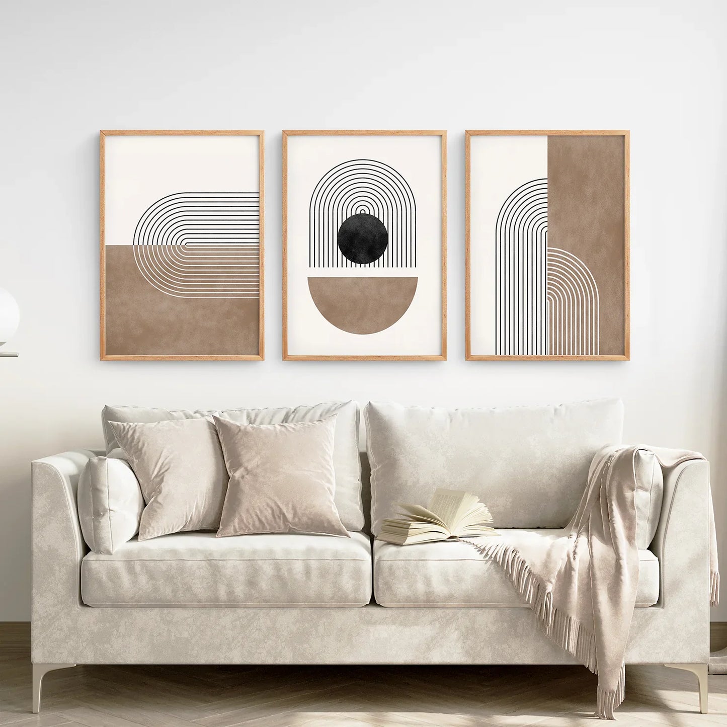 Geometric Arches Wall Art Set of 3, Black and Beige Abstract