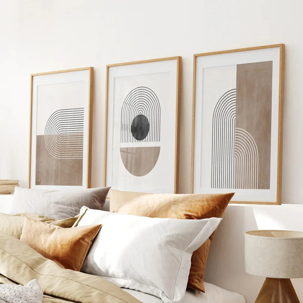 Geometric arches black and beige abstract wall art set of 3