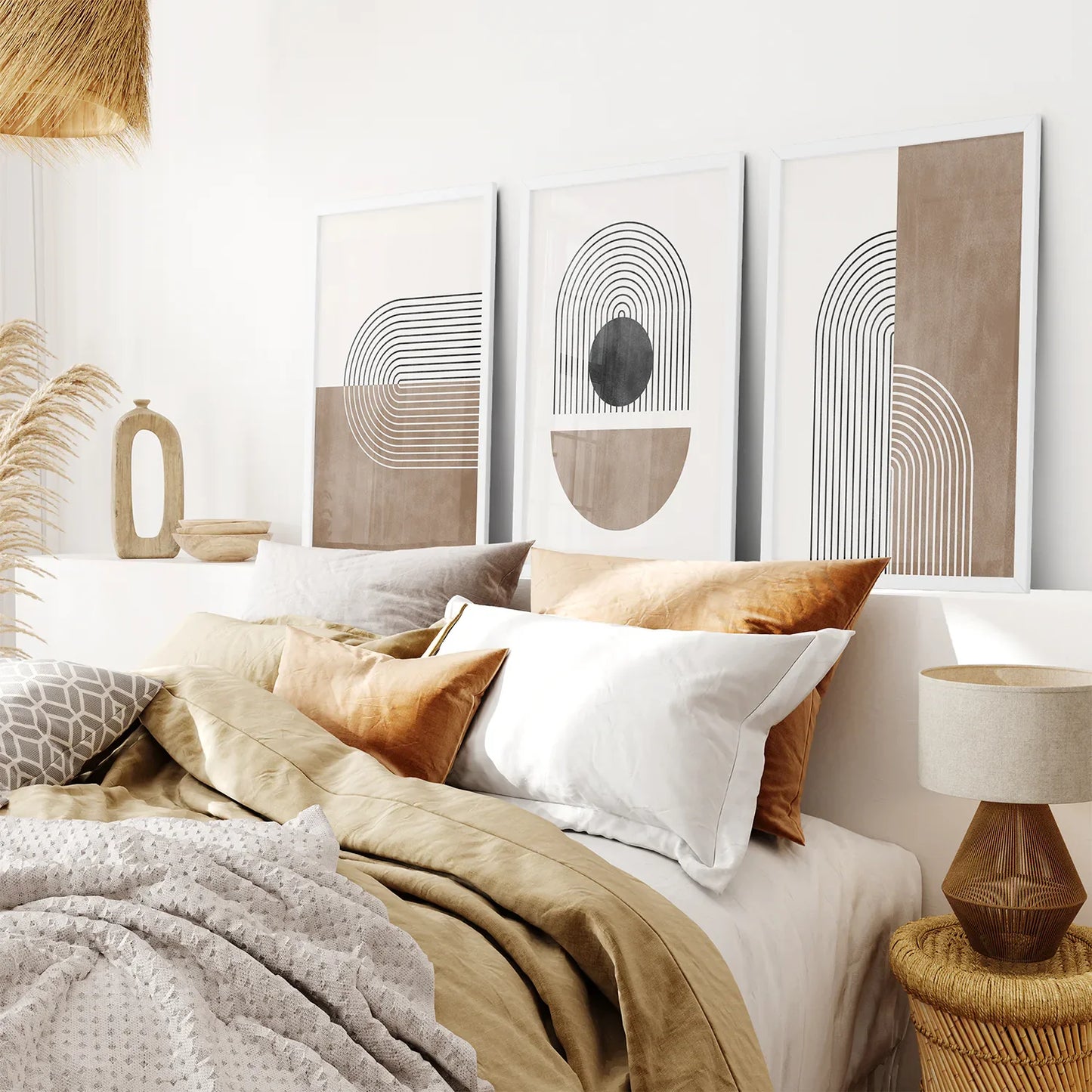 Geometric Arches Wall Art Set of 3, Black and Beige Abstract