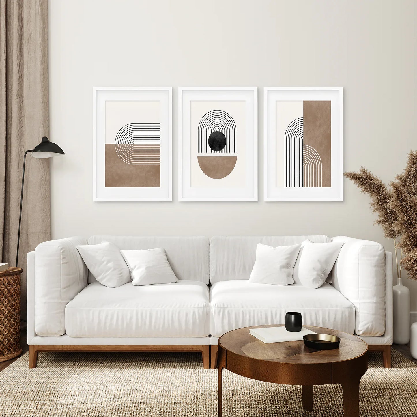 Geometric Arches Wall Art Set of 3, Black and Beige Abstract