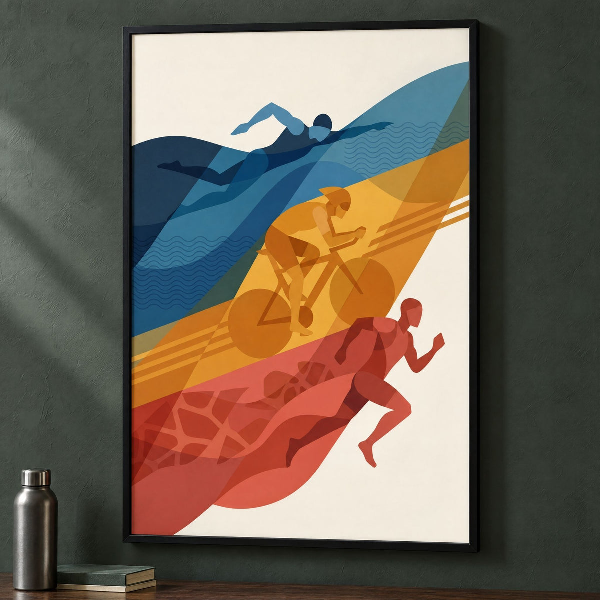 Geometric swim bike run print in a black frame above an oak desk in a dark green office