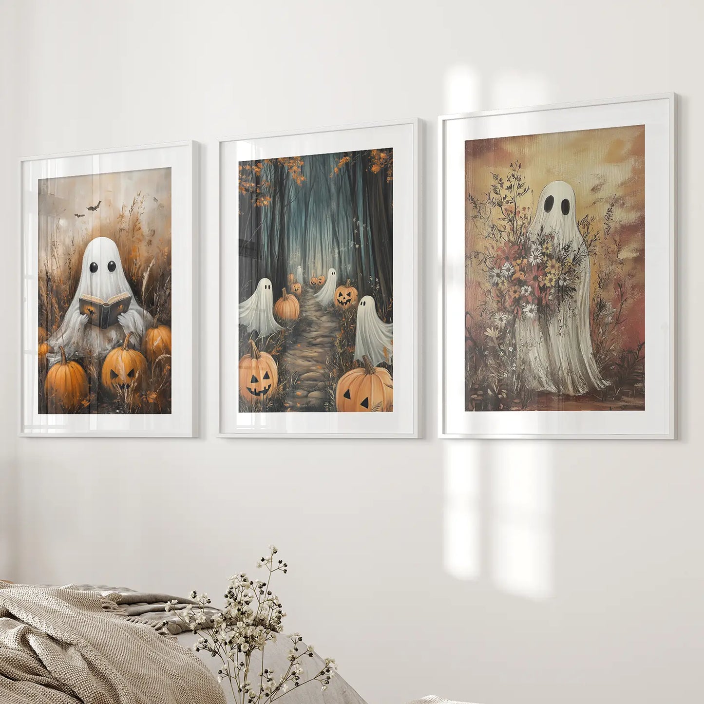 Spooky Ghosts Halloween Wall Art Set of 3 Prints