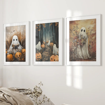 Spooky Ghosts Halloween Wall Art Set of 3 Prints
