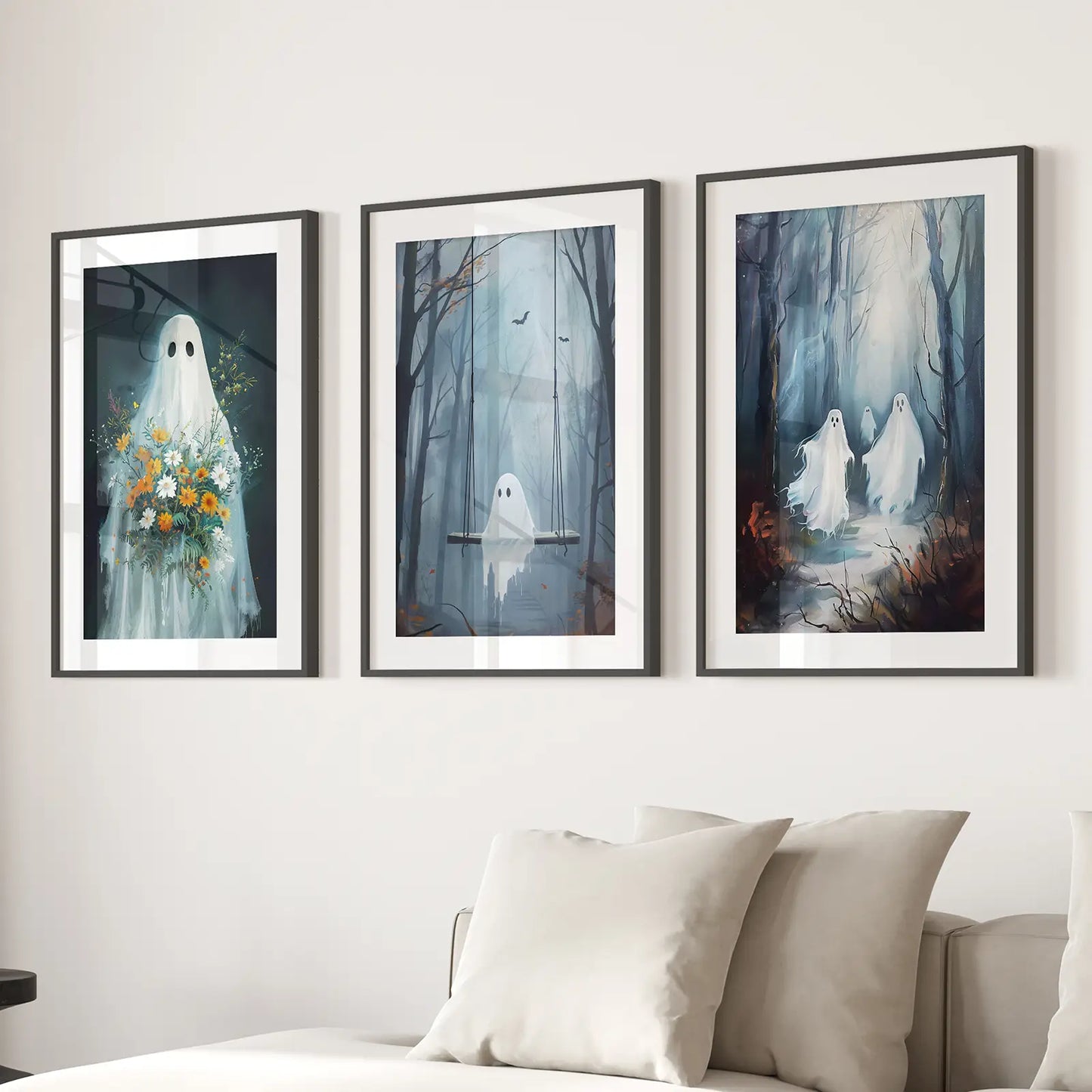 Cute Ghosts Halloween Wall Art Set of 3 Prints