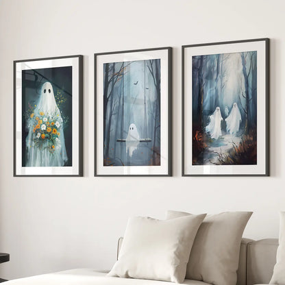Cute Ghosts Halloween Wall Art Set of 3 Prints
