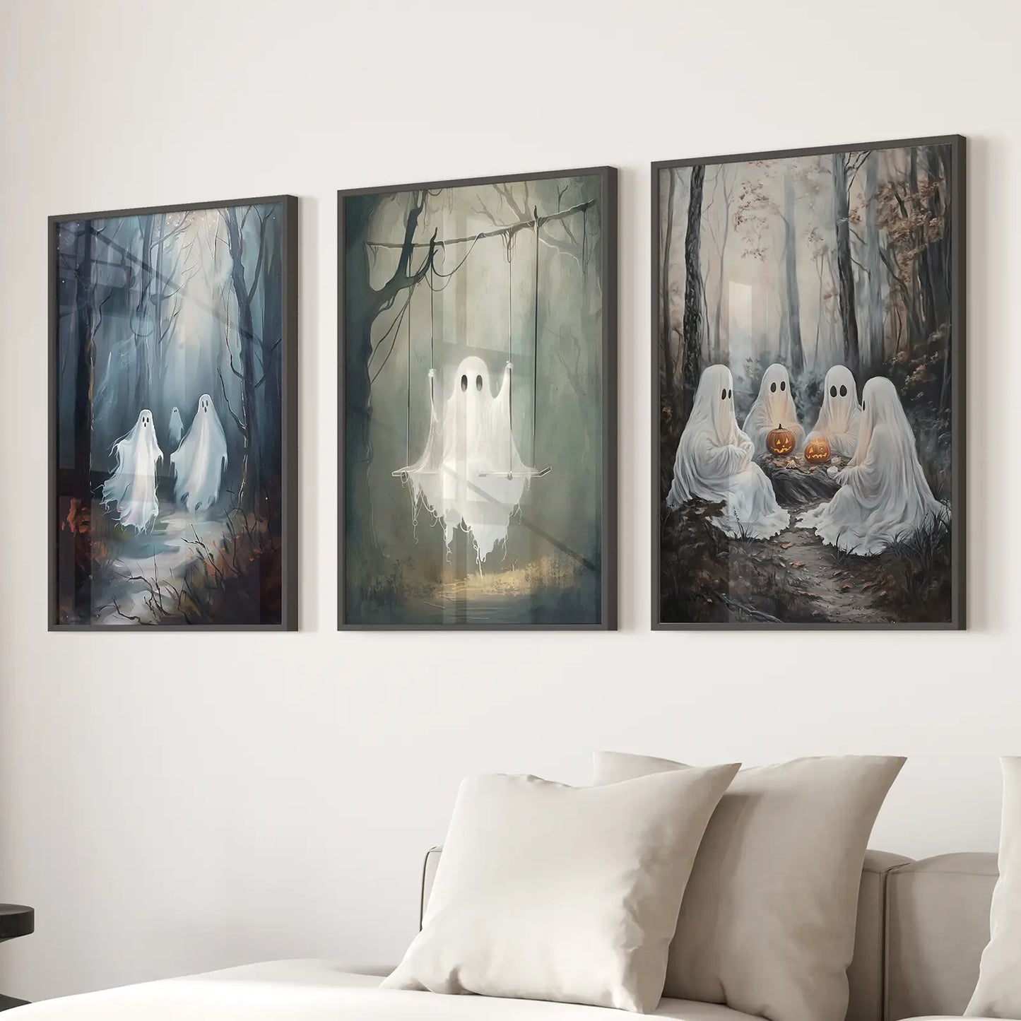 Spooky Ghost Halloween Wall Art Set of 3 Prints