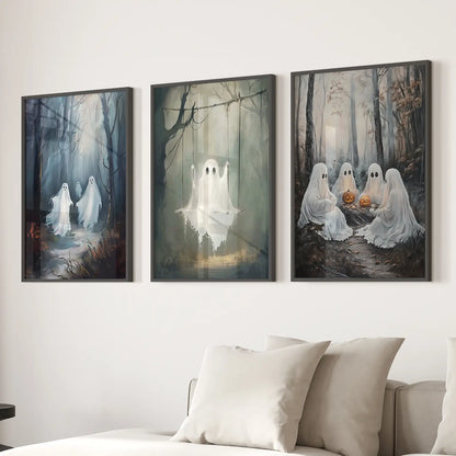 Spooky Ghost Halloween Wall Art Set of 3 Prints