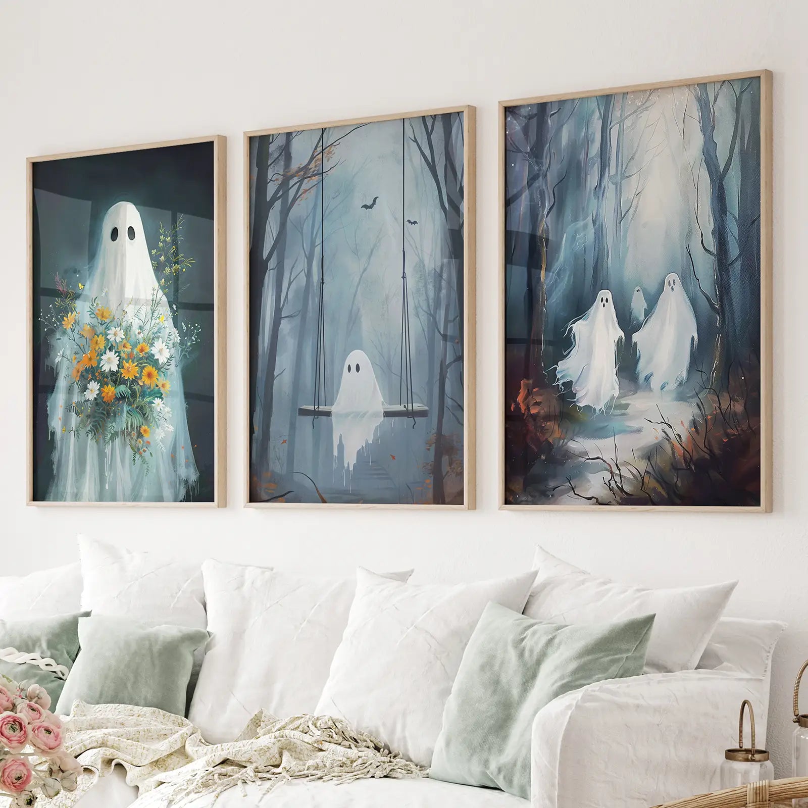 Cute ghosts Halloween wall art set of 3 prints