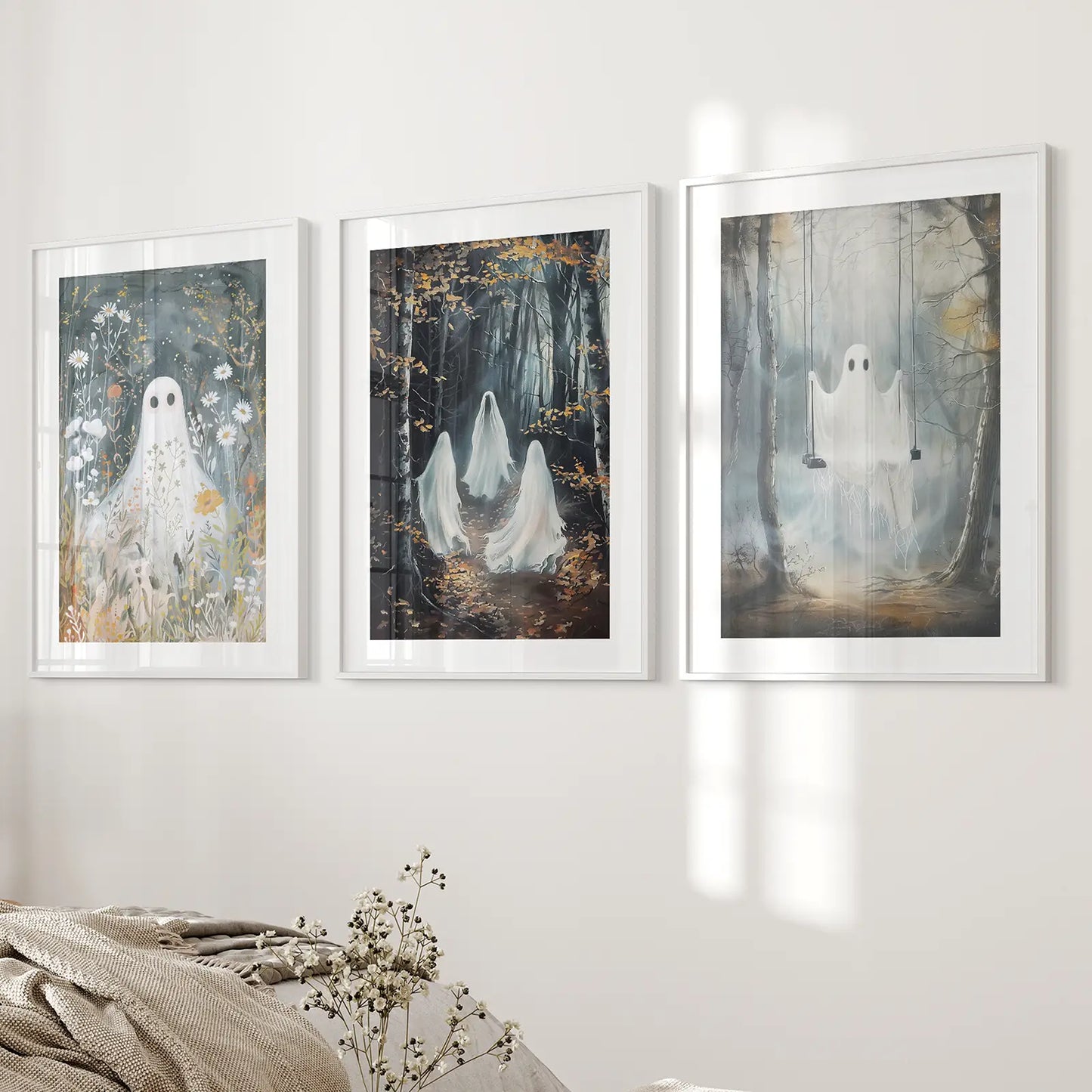 Halloween Ghost Wall Art Set of 3 Gothic Prints