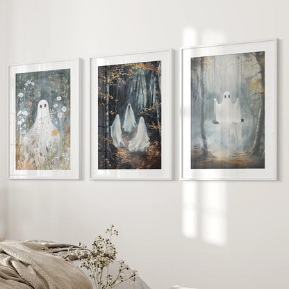 Halloween Ghost Wall Art Set of 3 Gothic Prints