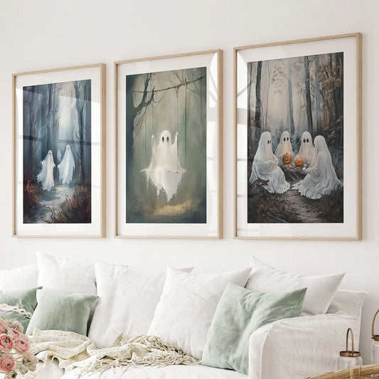 Spooky ghost Halloween wall art set of 3 prints in misty woods