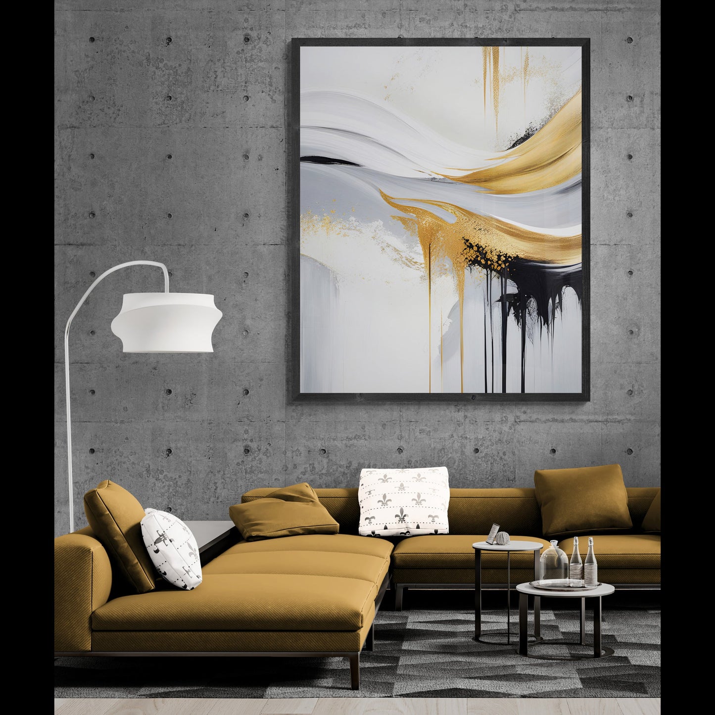 Gilded Flow gold accent abstract canvas wall art with flowing lines