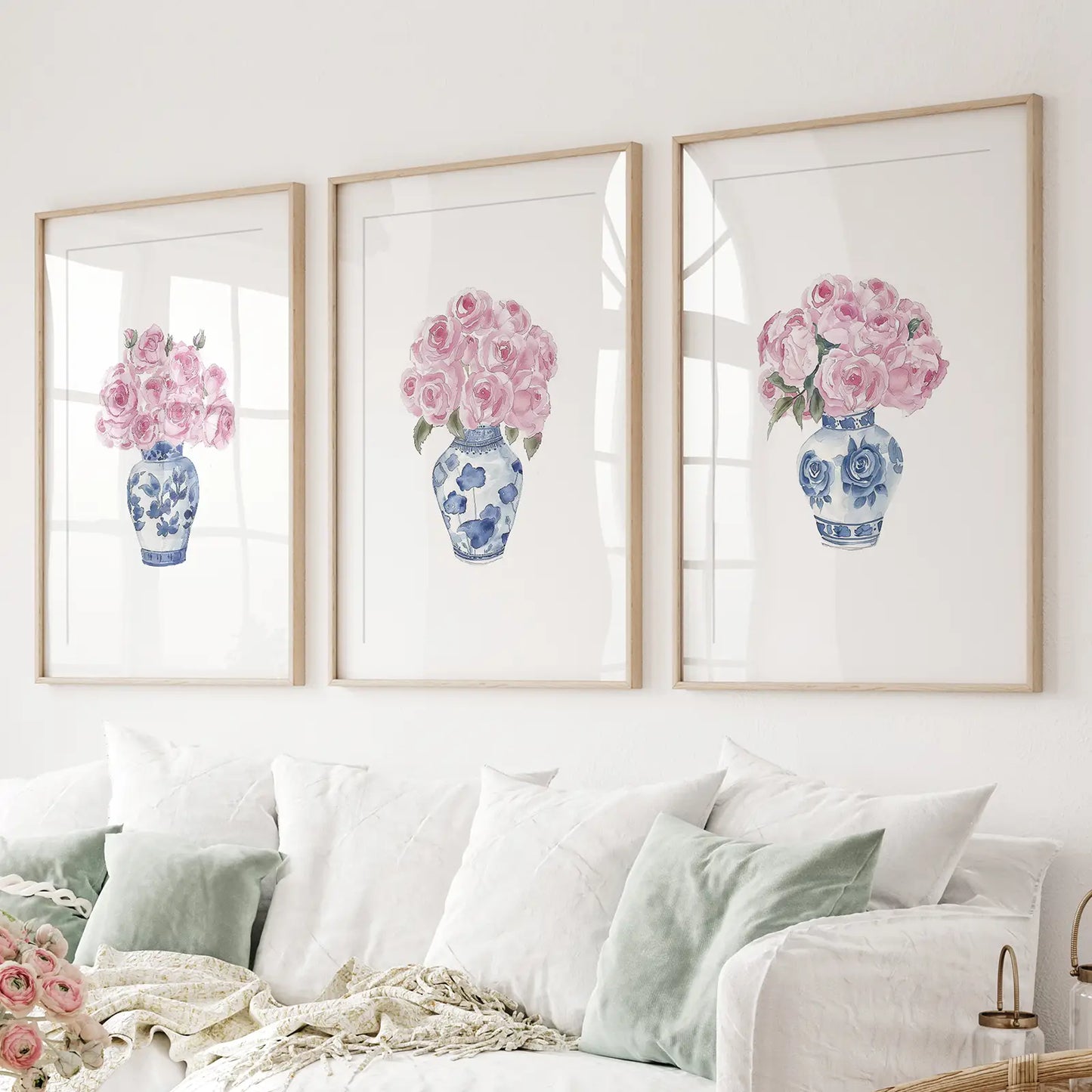 Blue Chinoiserie Roses Wall Art Set of 3 Floral Prints