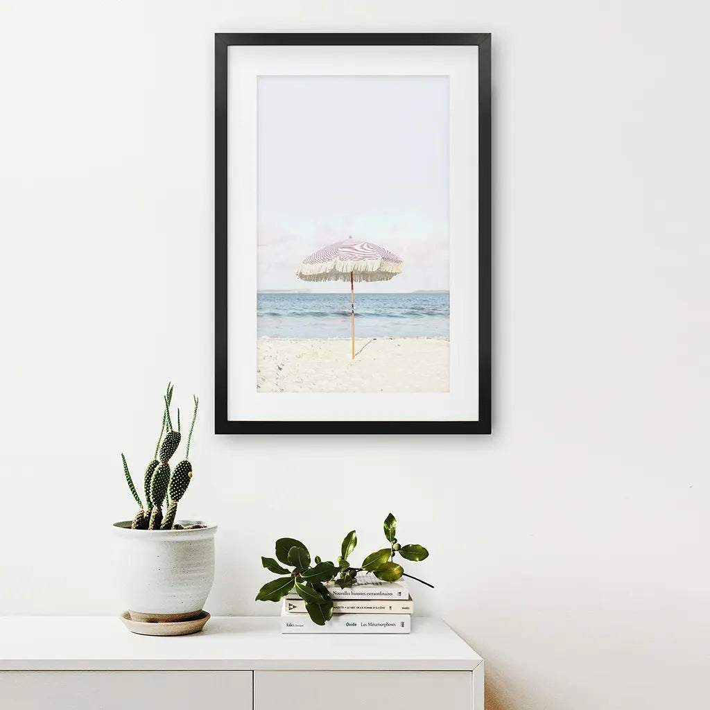 Pink Umbrella Nursery Print - Blue Ocean Coastal Wall Art