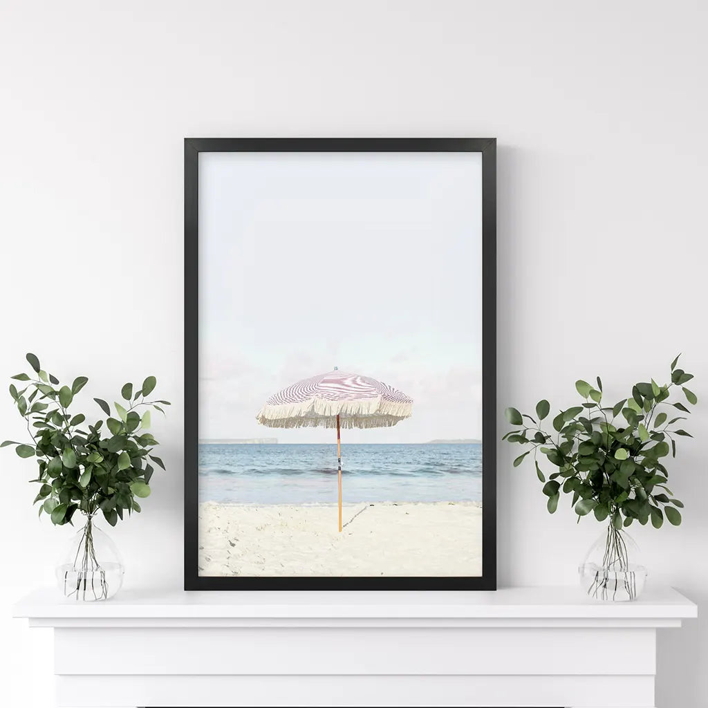 Pink Umbrella Nursery Print - Blue Ocean Coastal Wall Art
