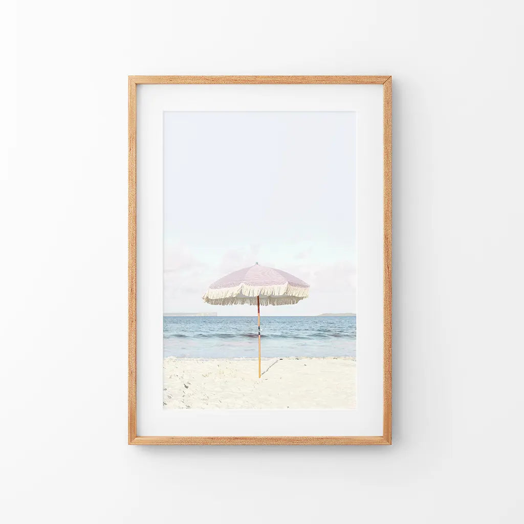 Pink umbrella blue ocean pastel nursery coastal wall art print