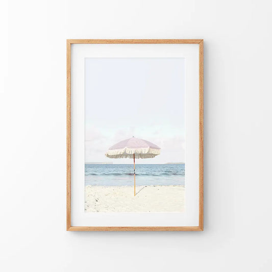 Pink umbrella blue ocean pastel nursery coastal wall art print