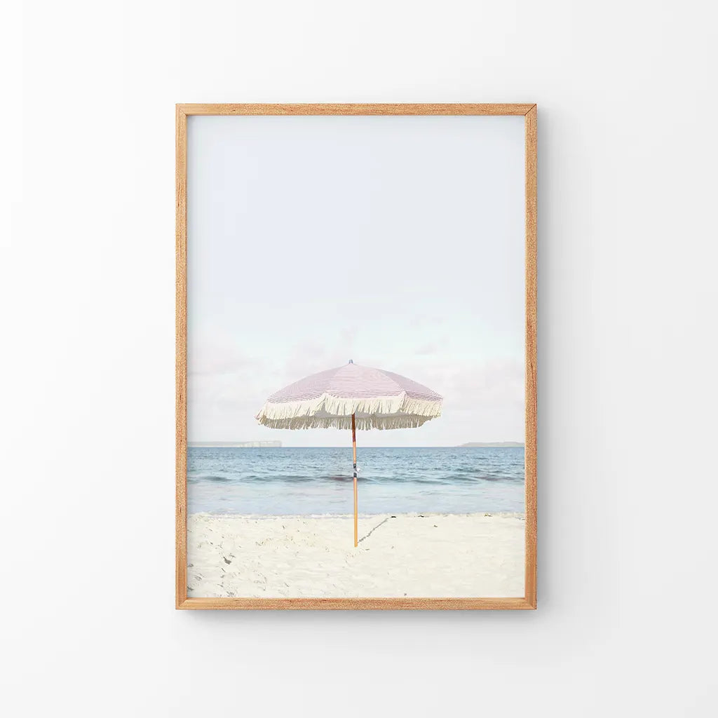 Pink Umbrella Nursery Print - Blue Ocean Coastal Wall Art