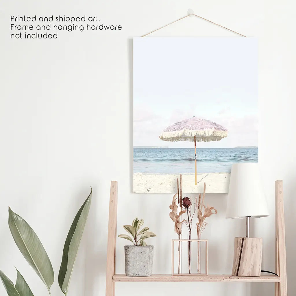 Pink Umbrella Nursery Print - Blue Ocean Coastal Wall Art