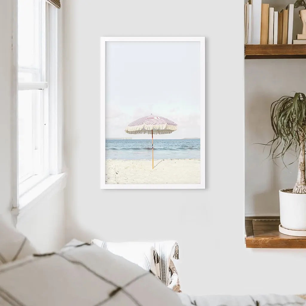 Pink Umbrella Nursery Print - Blue Ocean Coastal Wall Art