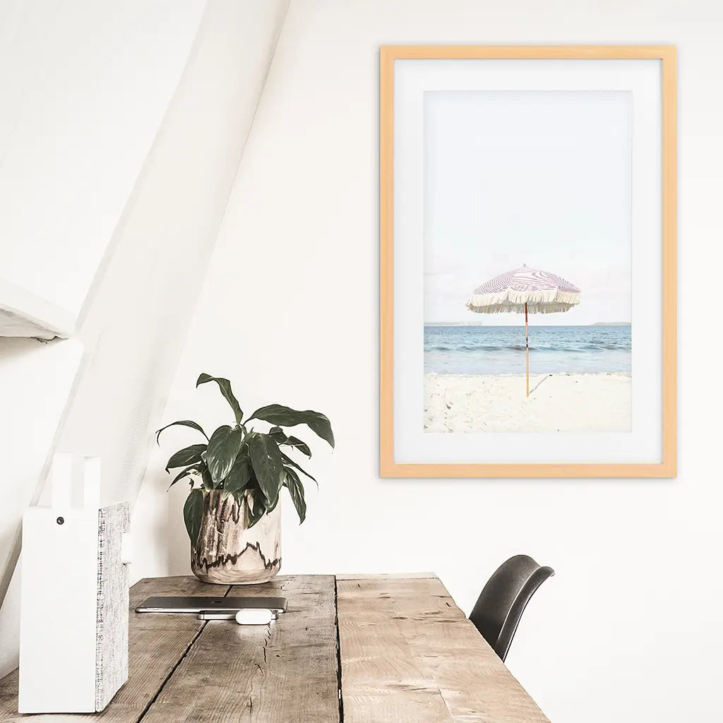 Pink Umbrella Nursery Print - Blue Ocean Coastal Wall Art