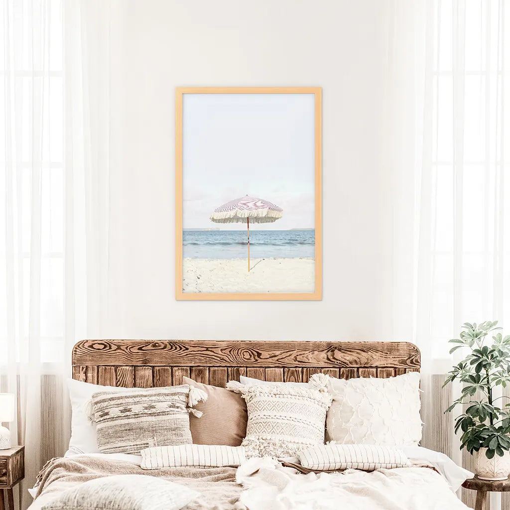 Pink Umbrella Nursery Print - Blue Ocean Coastal Wall Art