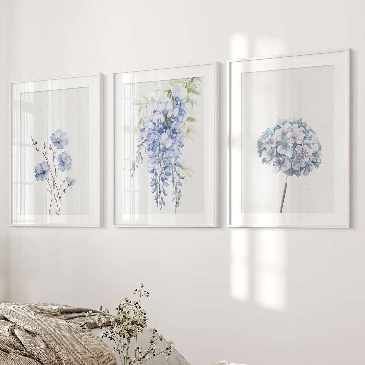 Blue Watercolor Flowers Wall Art Set of 3 Prints