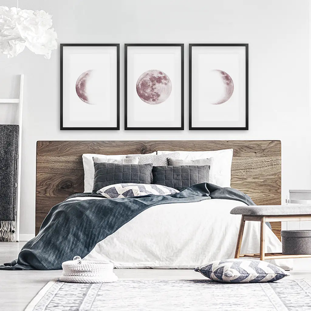 Moon Phases Wall Art Set of 3. Pink Nursery Decor