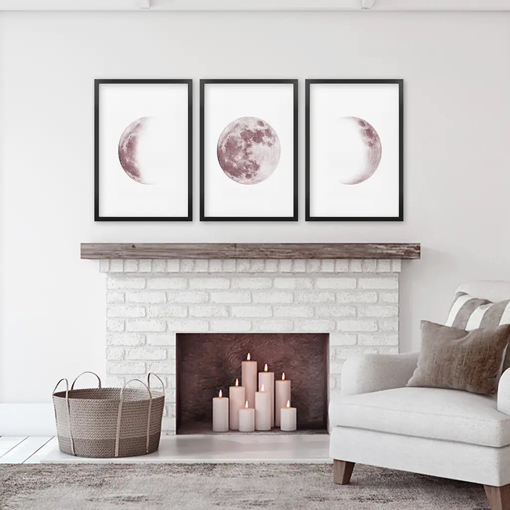 Moon Phases Wall Art Set of 3. Pink Nursery Decor