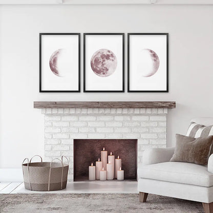 Moon Phases Wall Art Set of 3. Pink Nursery Decor