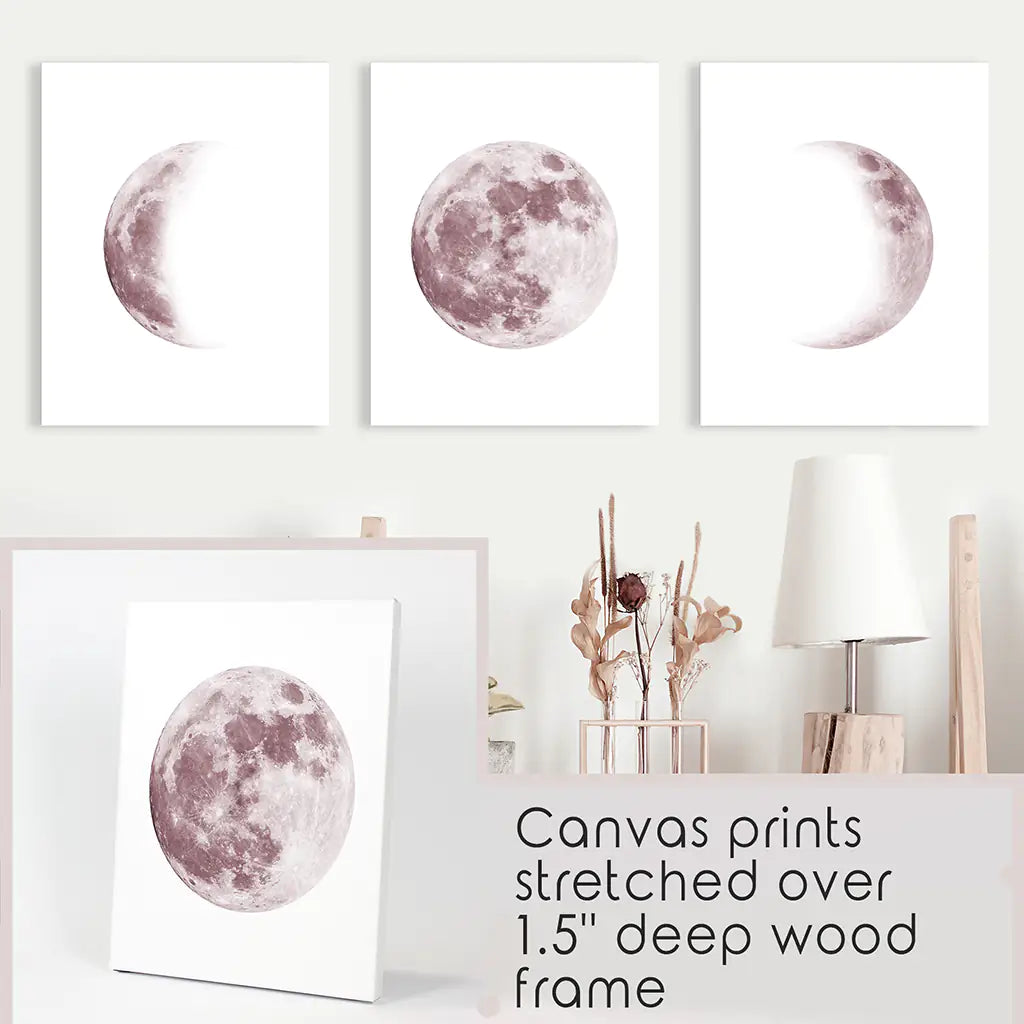 Moon Phases Wall Art Set of 3. Pink Nursery Decor