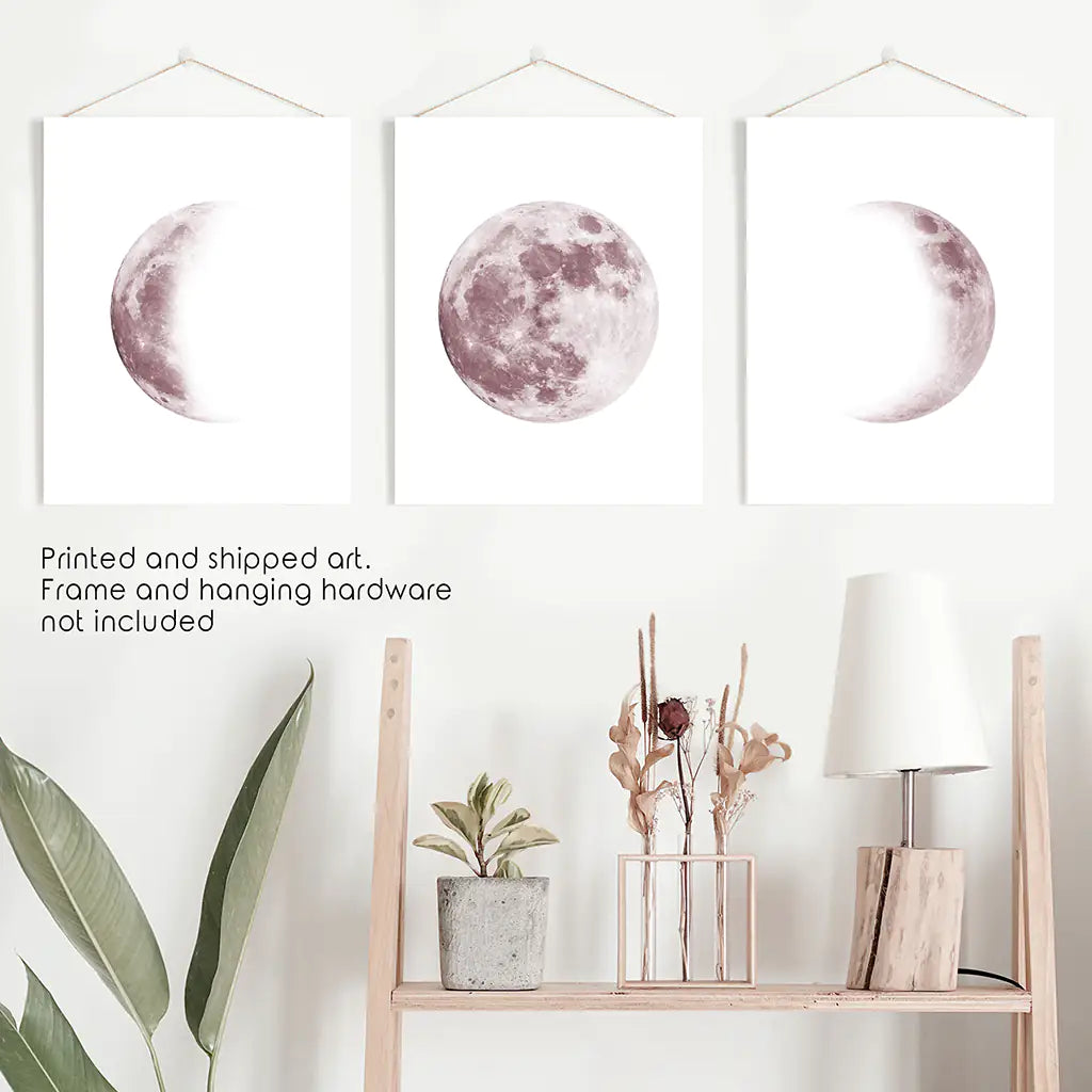 Moon Phases Wall Art Set of 3. Pink Nursery Decor