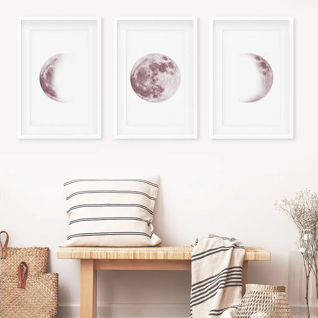 Moon Phases Wall Art Set of 3. Pink Nursery Decor