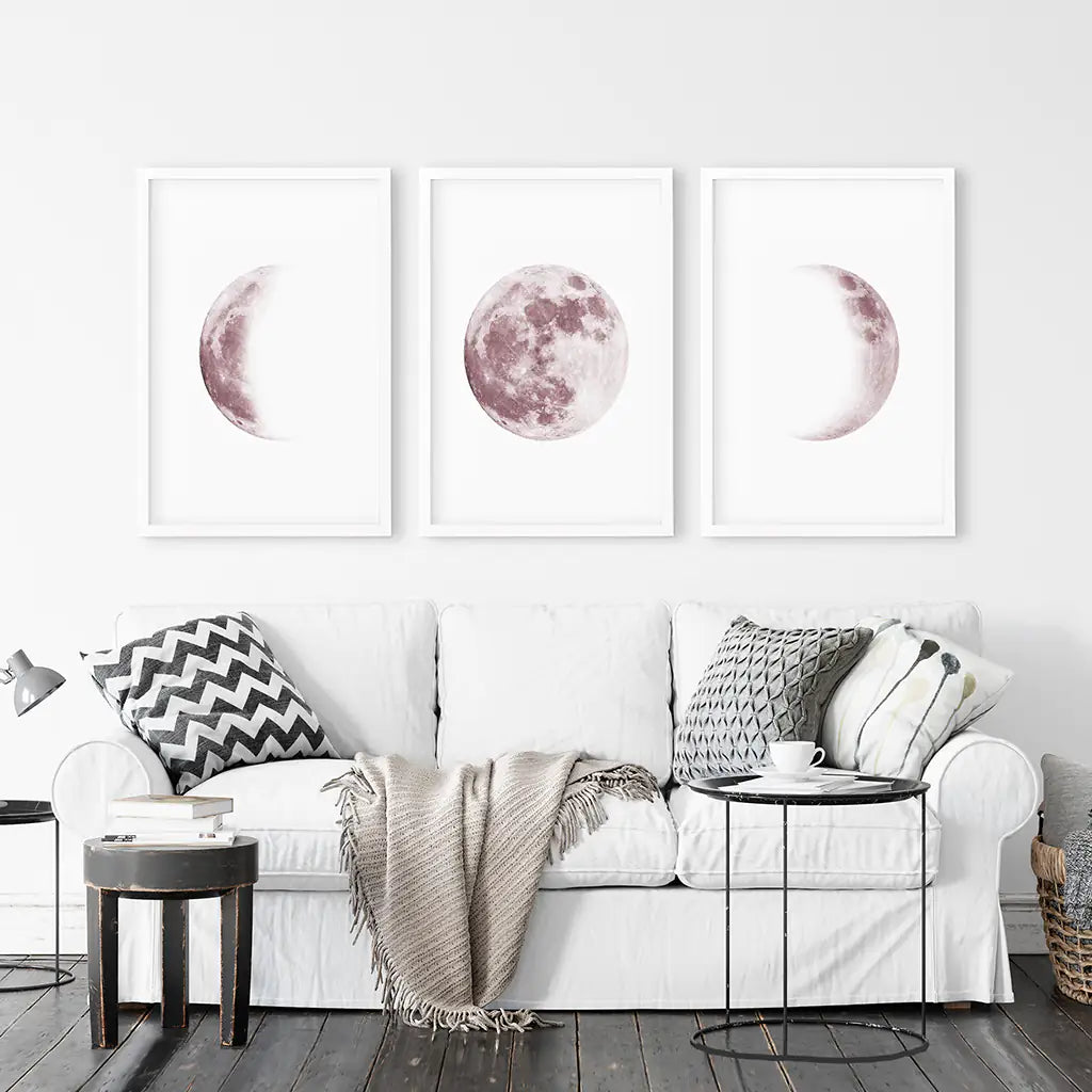 Moon Phases Wall Art Set of 3. Pink Nursery Decor