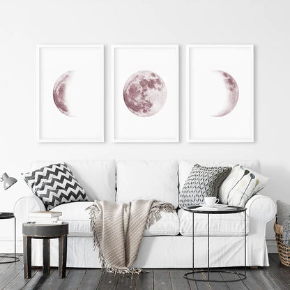 Moon Phases Wall Art Set of 3. Pink Nursery Decor